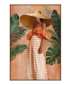 Cadre Femme Grand Chapeau Feuilles Verte 82.5×122.5cm